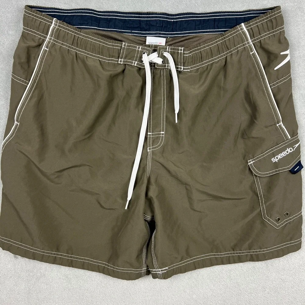 Speedo Mens XL Olive Green Cargo Swim Trunks Mesh Lined Drawstring Board Shorts